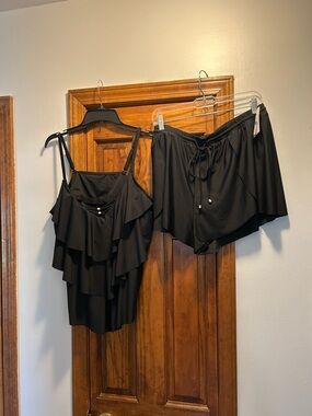 Time Tru Black Ruffle Tank & Drawstring Shorts SWIMSUIT Set XL (16-18)